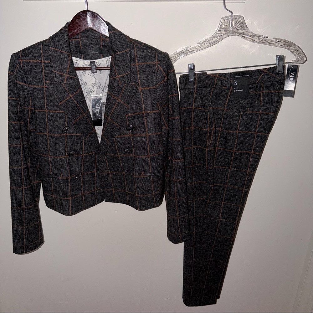 White House Black Market Charcoal w/ Whiskey Plaid Cropped Blazer and Pants Suit